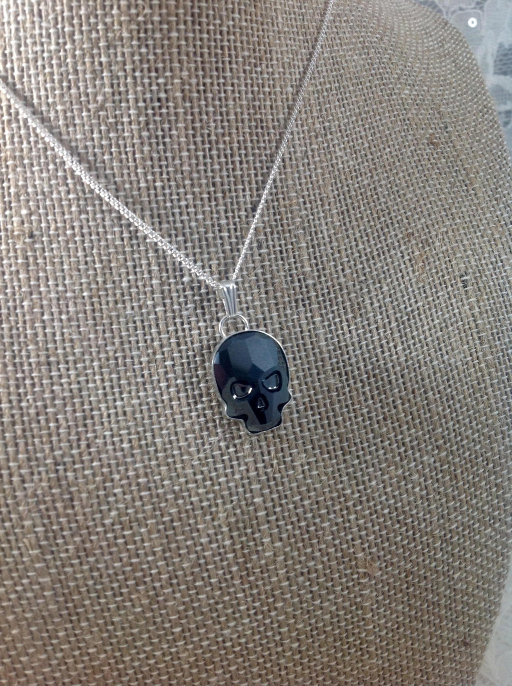 Handcrafted Swarovski Crystal Skull Necklace/ Sterling Silver Chain/ Goth Skull/ Jet Black Skull - Judy's Jewelry Basket