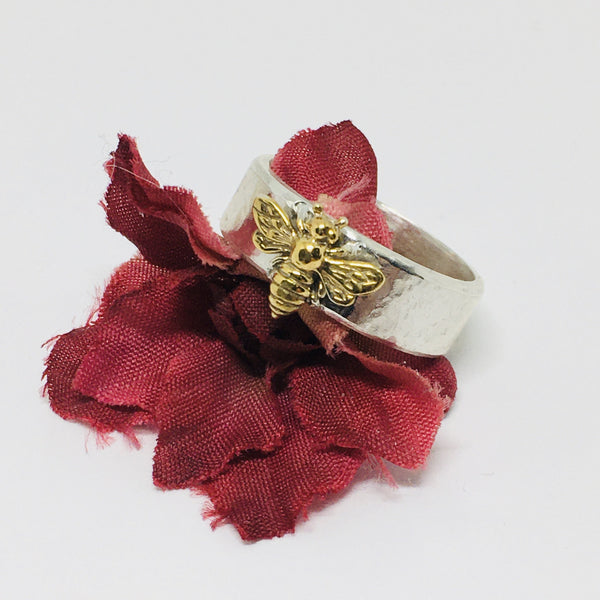 Handmade Wide Band Bee Ring with 24kt Gold Plated Silver Bee - Judy's Jewelry Basket